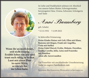 Traueranzeige von Anni Baumberg von Südthüringer Presse