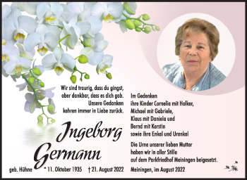 Traueranzeige von Ingeborg Germann von Südthüringer Presse