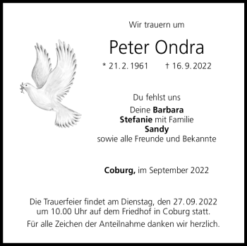 Traueranzeige von Peter Ondra von Neue Presse Coburg