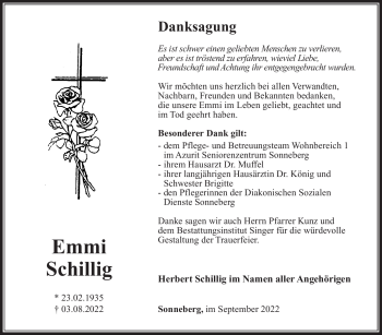 Traueranzeige von Emmi Schillig von Südthüringer Presse