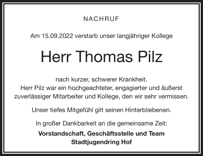  Traueranzeige für Thomas Pilz vom 21.09.2022 aus Frankenpost