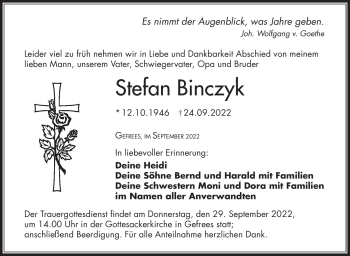Traueranzeige von Stefan Binczyk von Frankenpost