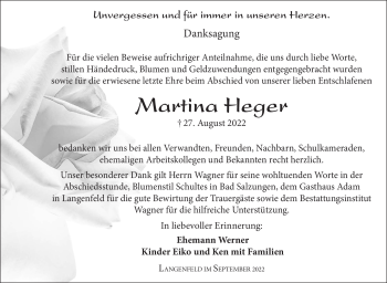 Traueranzeige von Martina Heger von Südthüringer Presse