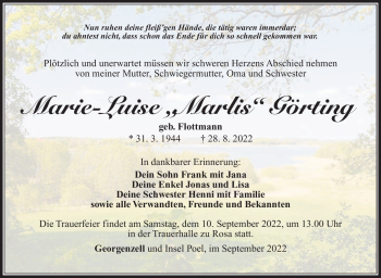 Traueranzeige von Marie-Luise Görting von Südthüringer Presse