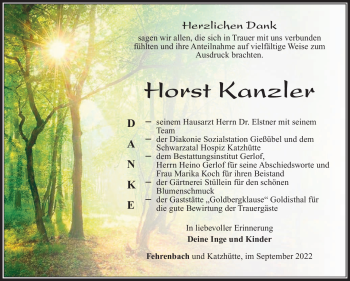 Traueranzeige von Horst Kanzler von Südthüringer Presse