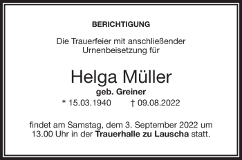 Traueranzeige von Helga Müller von Südthüringer Presse