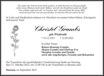 Traueranzeige von Christel Grambs von Südthüringer Presse