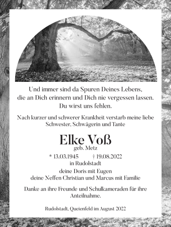 Traueranzeige von Elke Voß von Südthüringer Presse