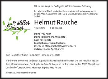 Traueranzeige von Helmut Rauche von Südthüringer Presse