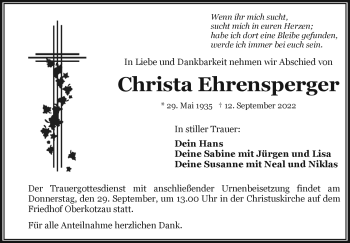Traueranzeige von Christa Ehrensperger von Frankenpost