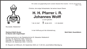 Traueranzeige von Johannes Wolff von Frankenpost