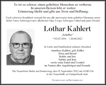 Traueranzeige von Lothar Kahlert von Südthüringer Presse