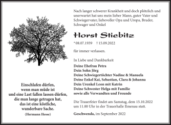 Traueranzeige von Horst Stiebitz von Südthüringer Presse
