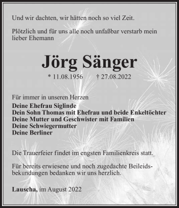 Traueranzeige von Jörg Sänger von Südthüringer Presse