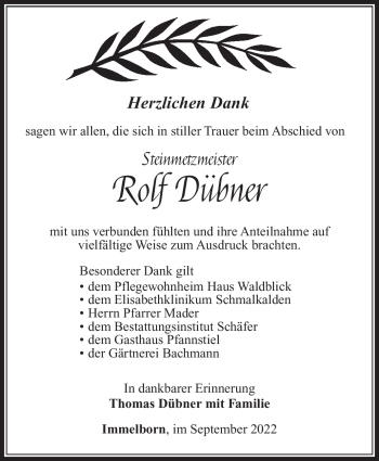 Traueranzeige von Rolf Dübner von Südthüringer Presse