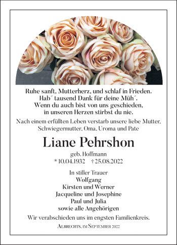 Traueranzeige von Liane Pehrshon von Südthüringer Presse