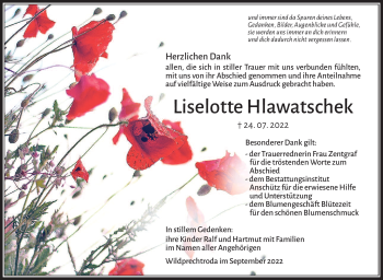 Traueranzeige von Lieselotte Hlawatschek von Südthüringer Presse