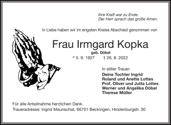 Traueranzeige von Irmgard Kopka von Frankenpost