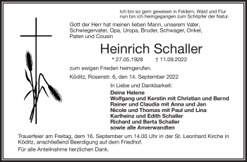 Traueranzeige von Heinrich Schaller von Frankenpost