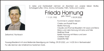 Traueranzeige von Frieda Hornung von Neue Presse Coburg