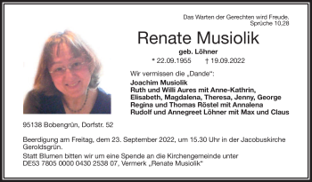 Traueranzeige von Renate Musiolik von Frankenpost