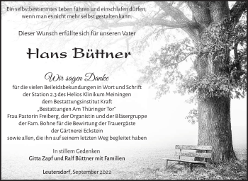 Traueranzeige von Hans Büttner von Südthüringer Presse