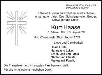 Traueranzeige von Kurt Haase von Frankenpost