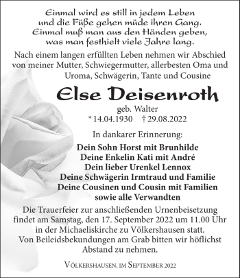 Traueranzeige von Else Deisenroth von Südthüringer Presse