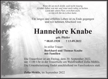 Traueranzeige von Hannelore Knabe von Südthüringer Presse
