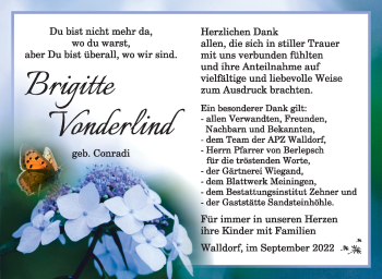 Traueranzeige von Brigitte Vonderlind von Südthüringer Presse