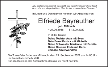 Traueranzeige von Elfriede Bayreuther von Frankenpost
