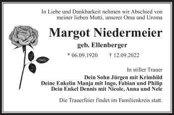 Traueranzeige von Margot Niedermeier von Südthüringer Presse
