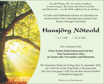 Traueranzeige von Hansjörg Nötzold von Südthüringer Presse