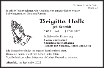 Traueranzeige von Brigitte Helk von Südthüringer Presse