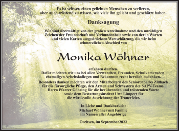 Traueranzeige von Monika Wöhner von Südthüringer Presse