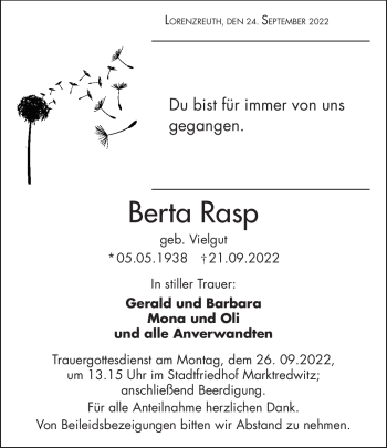 Traueranzeige von Berta Rasp von Frankenpost