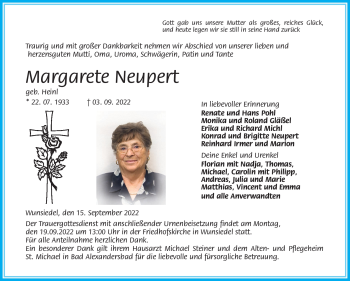 Traueranzeige von Margarete Neupert von Frankenpost