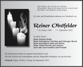 Traueranzeige von Reiner Obstfelder von Südthüringer Presse