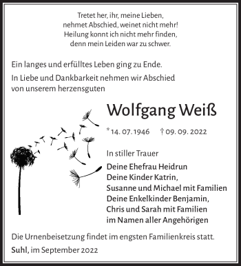 Traueranzeige von Wolfgang Weiß von Südthüringer Presse