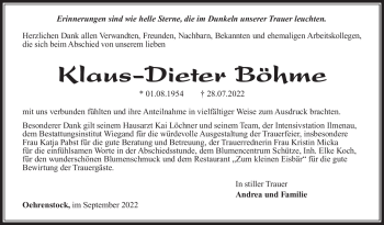 Traueranzeige von Klaus-Dieter Böhme von Südthüringer Presse