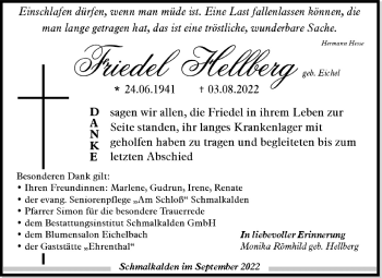 Traueranzeige von Friedel Hellberg von Südthüringer Presse