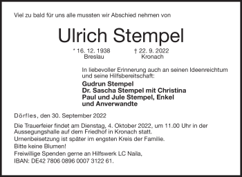 Traueranzeige von Ulrich Stempel von Neue Presse Coburg