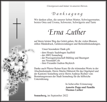 Traueranzeige von Erna Luther von Südthüringer Presse