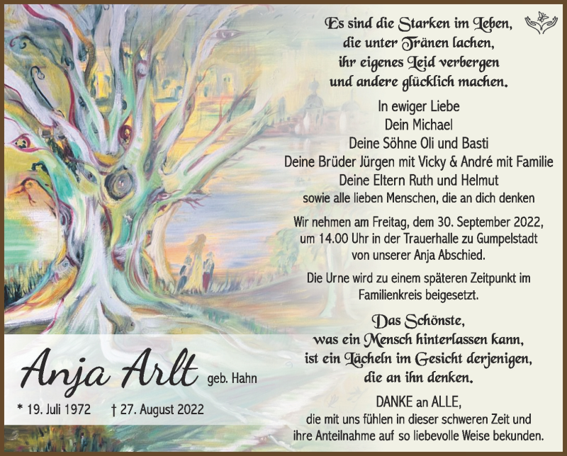  Traueranzeige für Anja Arlt vom 26.09.2022 aus Südthüringer Presse