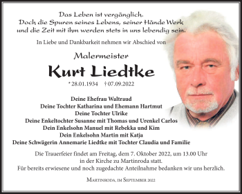 Traueranzeige von Kurt Liedtke von Südthüringer Presse