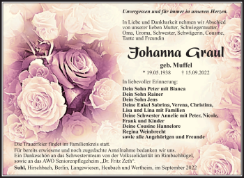Traueranzeige von Johanna Graul von Südthüringer Presse
