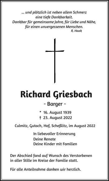 Traueranzeige von Richard Griesbach von Frankenpost