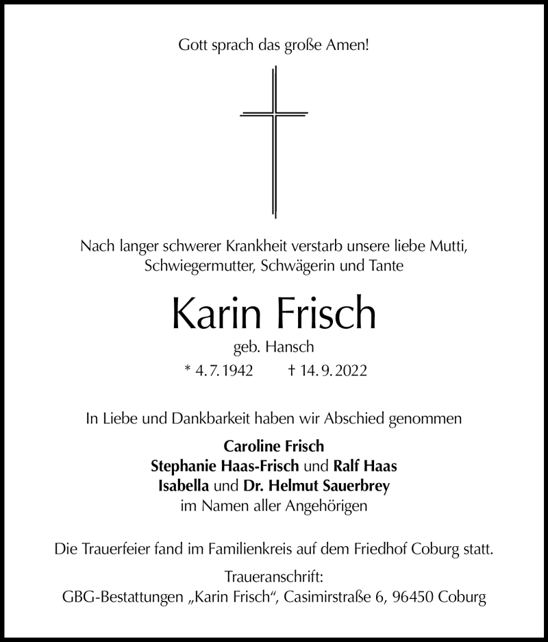  Traueranzeige für Karin Frisch vom 23.09.2022 aus Neue Presse Coburg