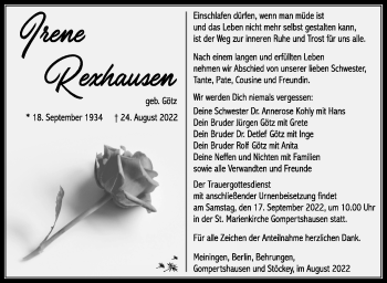 Traueranzeige von Irene Rexhausen von Südthüringer Presse