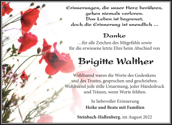 Traueranzeige von Brigitte Walther von Südthüringer Presse